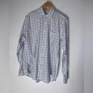 peter millar Large‎ White Blue Plaid Collar Long Sleeve Cotton Button Down Shirt